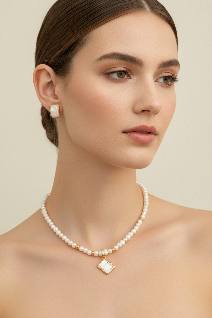 Freshwater Pearl Necklace & Bracelet Set with Double-Sided Mother-of-Pearl Pendant – Vintage Gold Beaded Pearl Jewelry