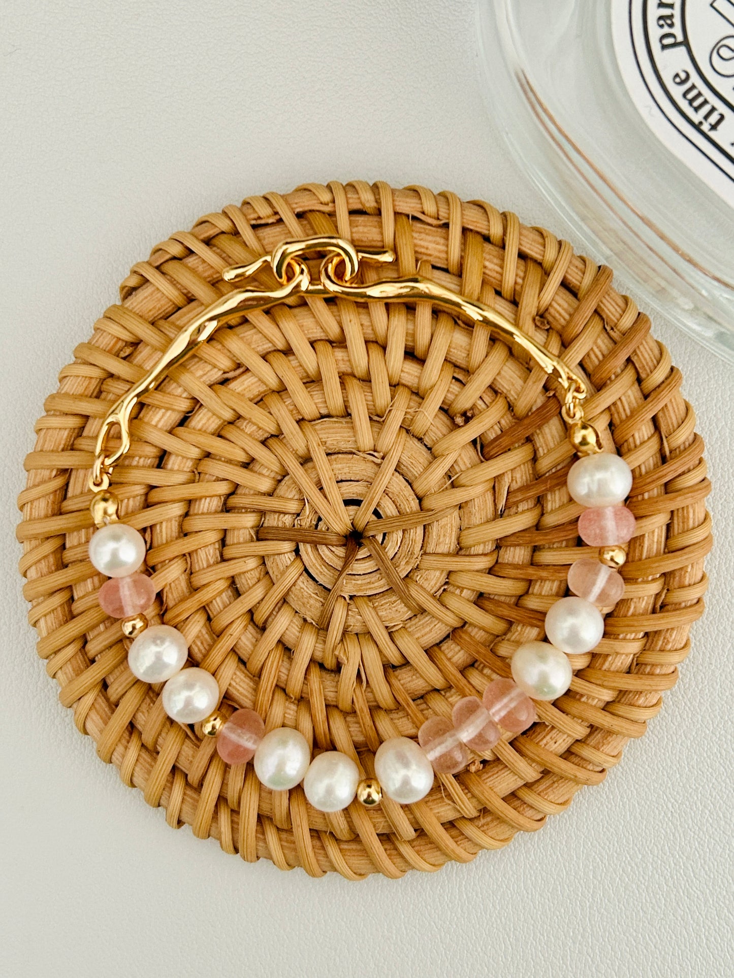 Strawberry Quartz beads and pearl bracelet