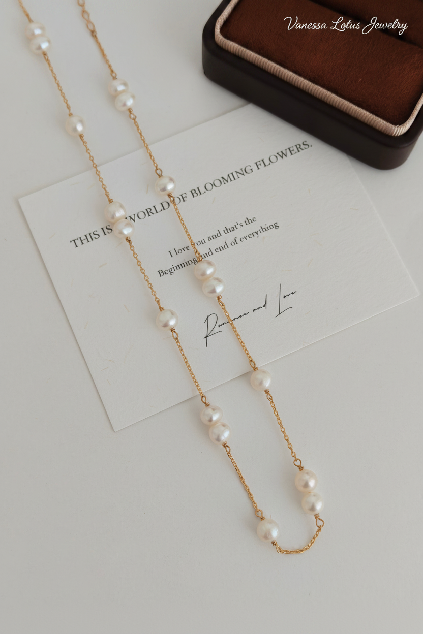 Natural Pearl Jewelry Set – S925 Sterling Silver Station Necklace & Bracelet Matching Set Vintage Gold or Platinum