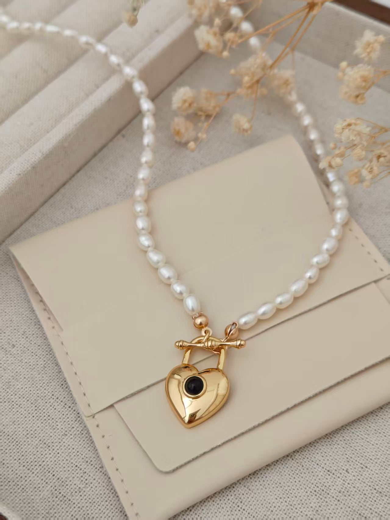 Vintage Gold Sterling Silver Black Onyx & Rice Pearl Necklace with Heart Pendant