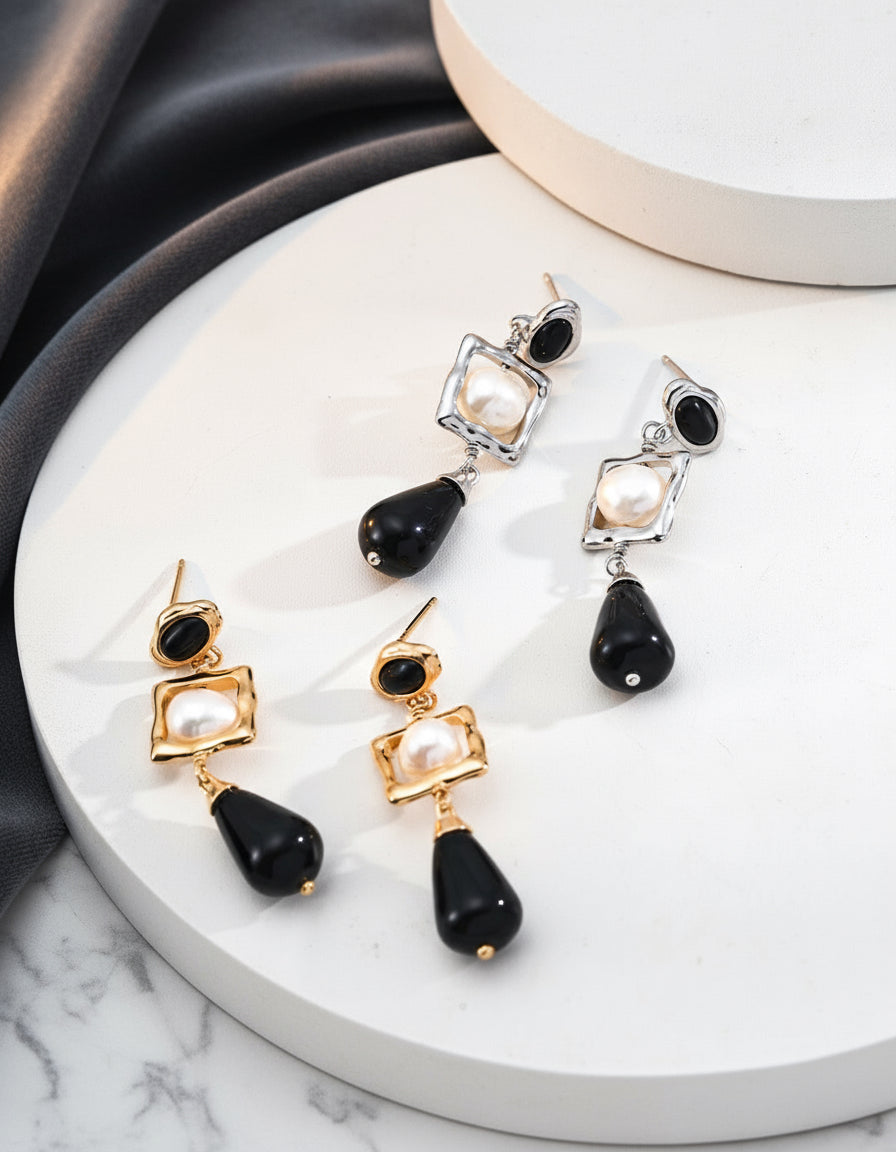 S925 Silver Pearl & Onyx Earrings with Velvet Choker Set