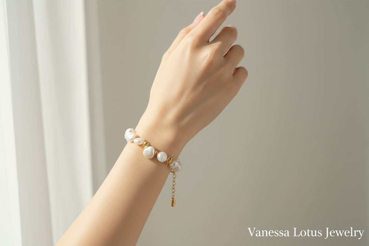 Vintage Gold Natural Pearl Necklace & Bracelet Set – S925 Sterling Silver Freshwater Pearl Jewelry Set