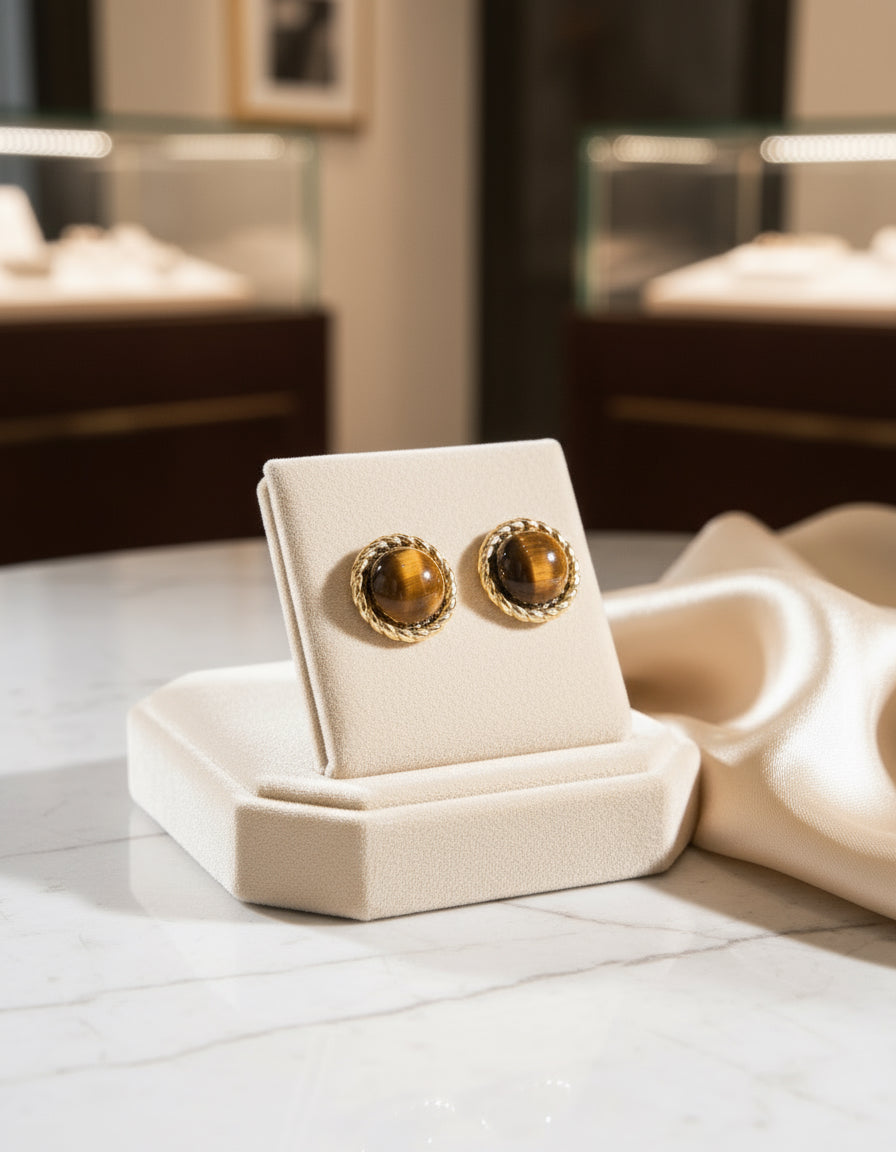 S925 Tiger’s Eye Vintage Gold Earrings