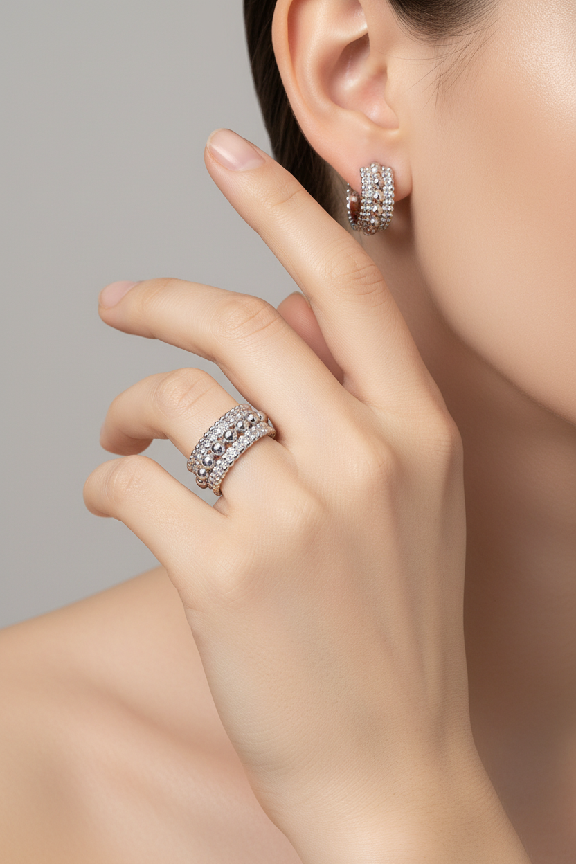 Vintage Beaded Huggie Hoop Earrings – 925 Sterling Silver, Retro Gold / Platinum Finish