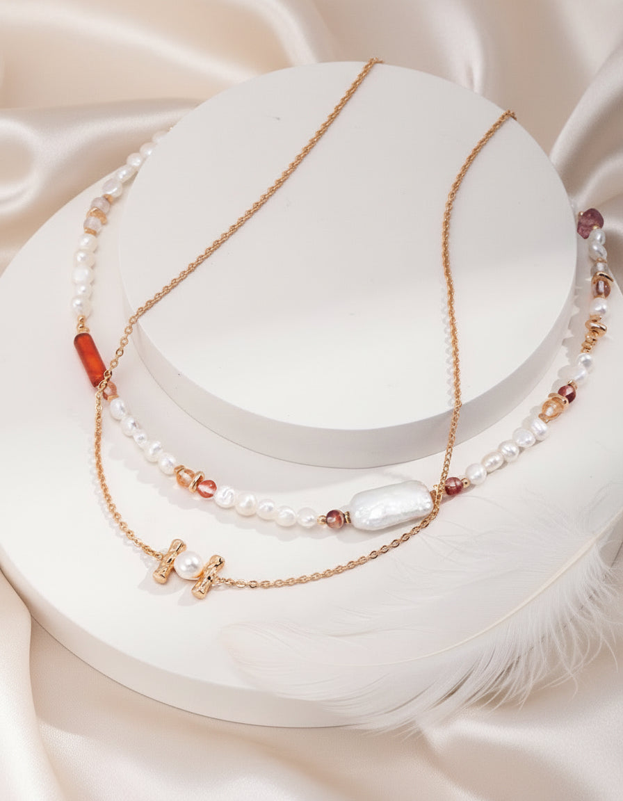 Strawberry Quartz & Pearl Beaded Necklace – S925 Silver