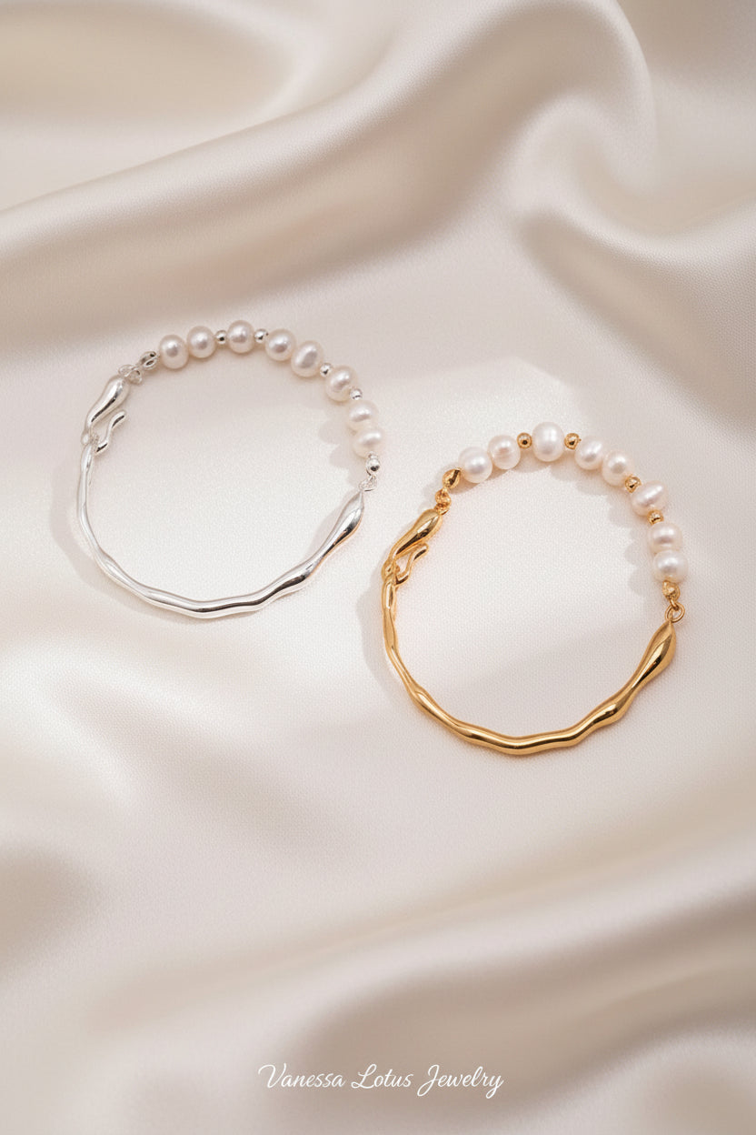 S925 Sterling Silver Natural Freshwater Pearl Open Bangle Bracelet