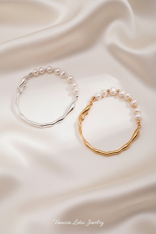 S925 Sterling Silver Natural Freshwater Pearl Open Bangle Bracelet