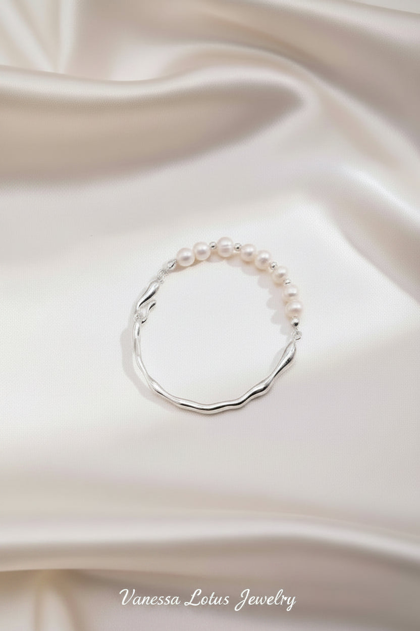 S925 Sterling Silver Natural Freshwater Pearl Open Bangle Bracelet