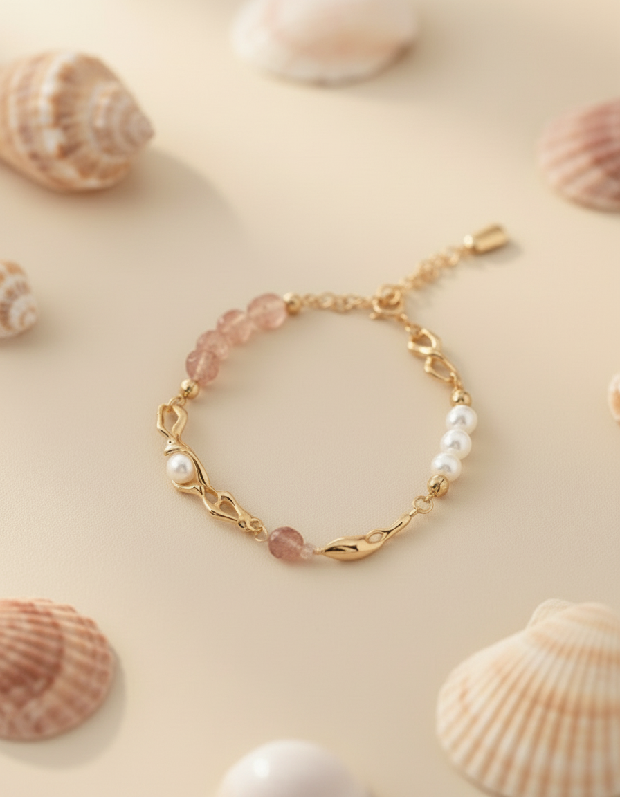 Natural Pearl & Strawberry Quartz Bracelet — S925 Sterling Silver