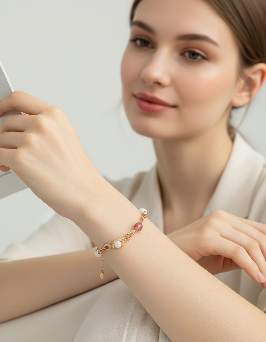 Natural Pearl & Strawberry Quartz Bracelet — S925 Sterling Silver
