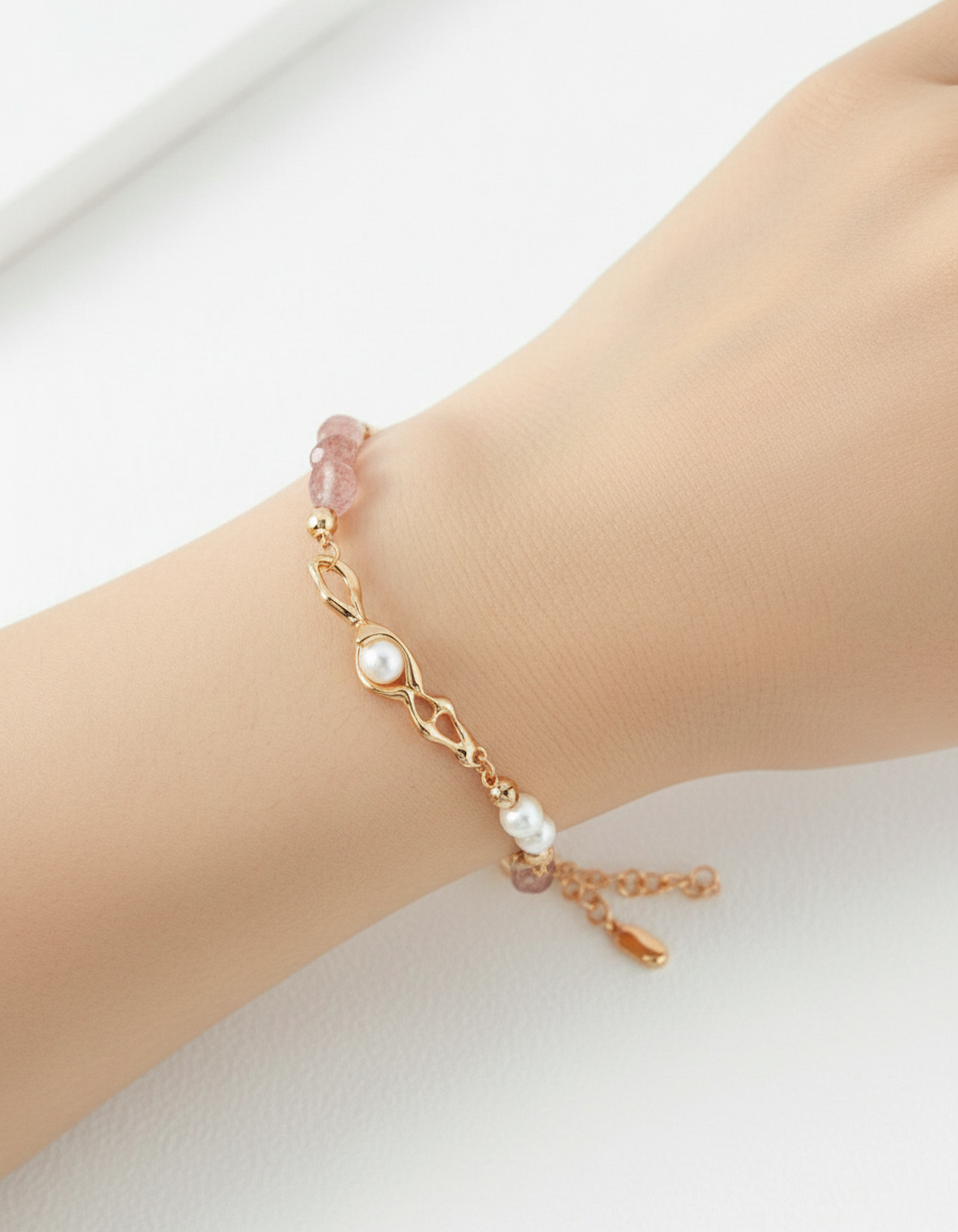 Natural Pearl & Strawberry Quartz Bracelet — S925 Sterling Silver