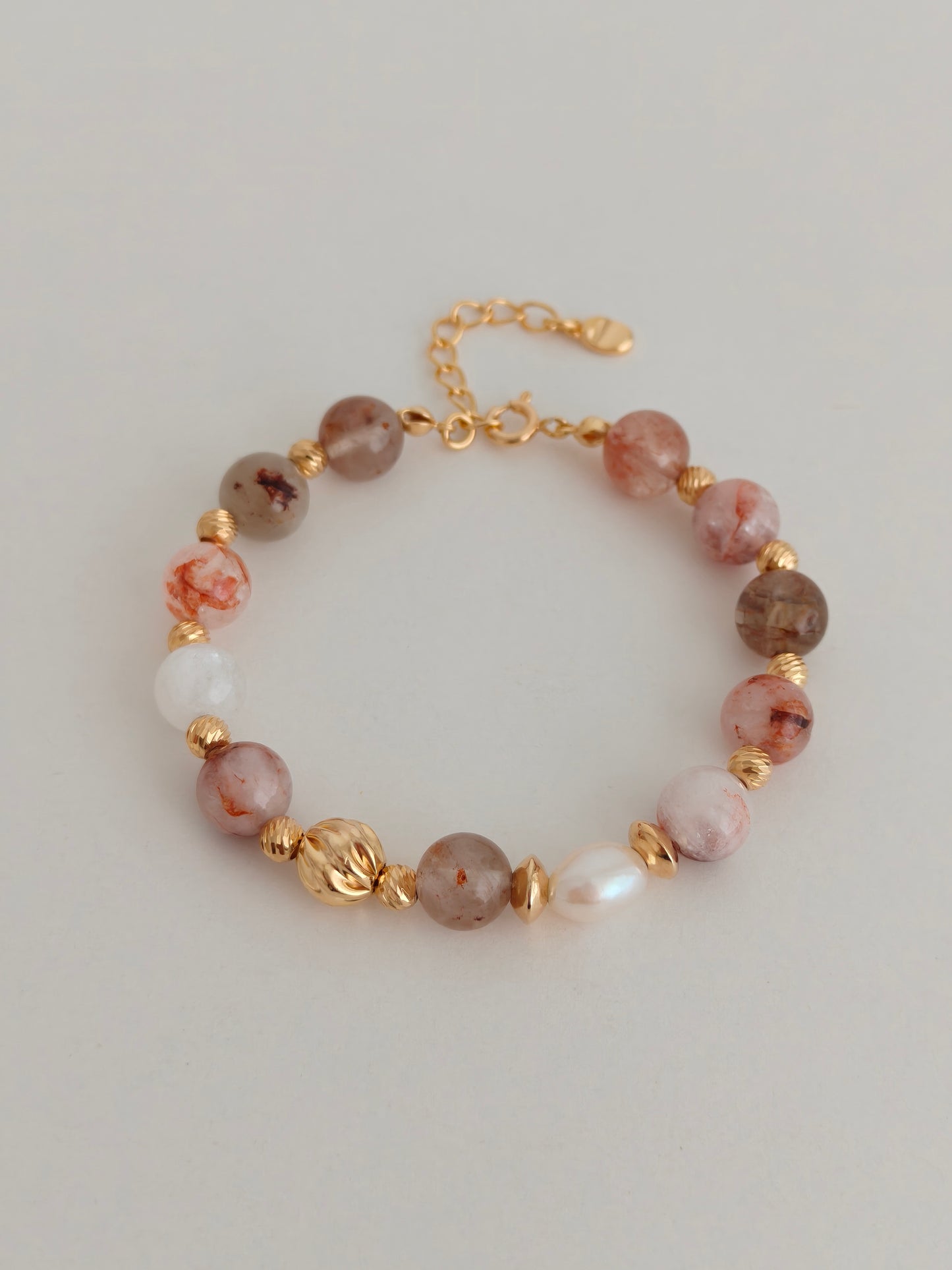 Red Hematoid Quartz (Fire Quartz) Pearl Beaded Bracelet – Vintage Gold S925 Sterling Silver Adjustable Gemstone Bracelet
