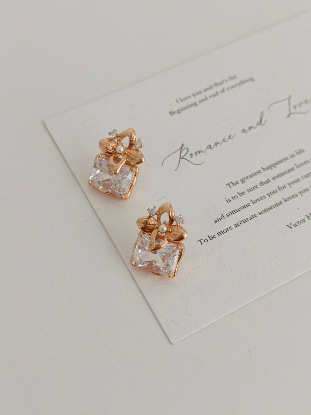 Vintage Gold Flower Square Zirconia Stud Earrings – S925 Sterling Silver