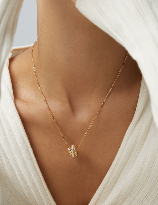 Barrel Pendant Necklace – S925 Sterling Silver & Shell Beads, Platinum & Vintage Gold