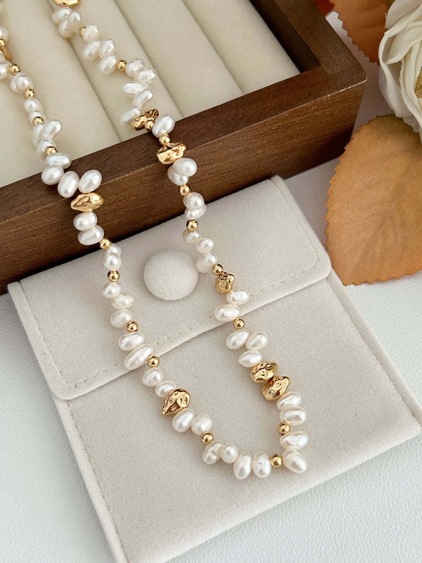 Vintage Gold Freshwater Pearl Necklace – 925 Sterling Silver | Matching Bracelet Set