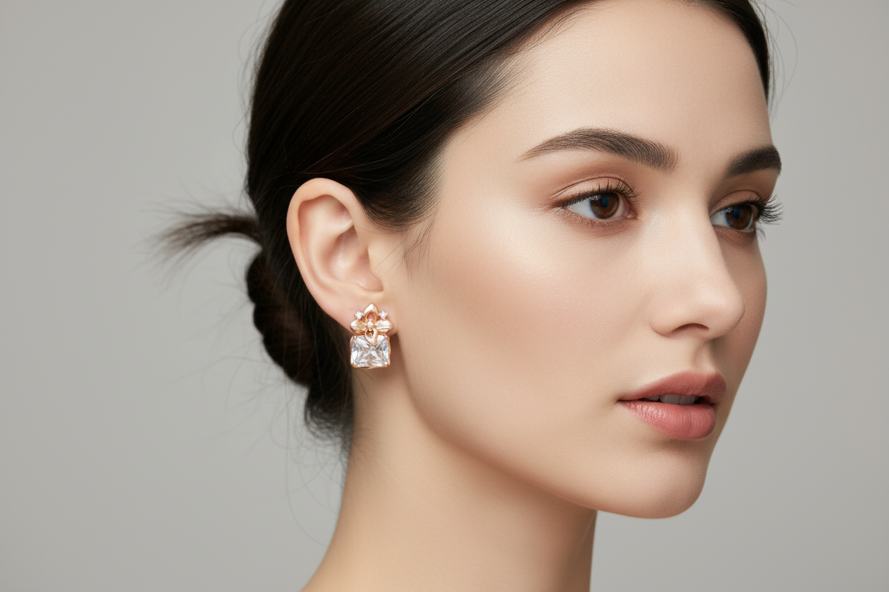 Vintage Gold Flower Square Zirconia Stud Earrings – S925 Sterling Silver