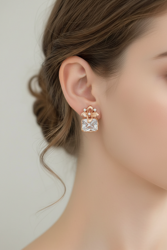 Vintage Gold Flower Square Zirconia Stud Earrings – S925 Sterling Silver