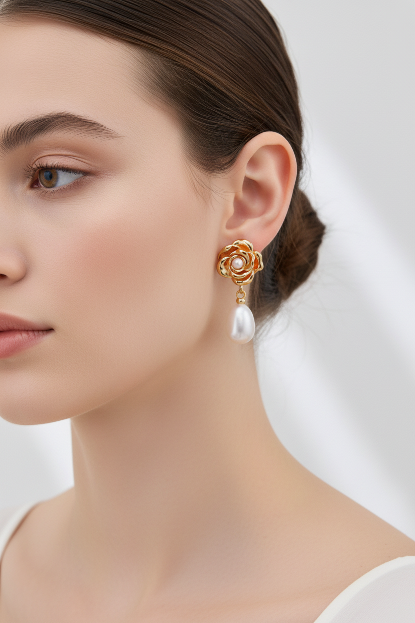 Vintage Rose Pearl Drop Earrings | S925 Sterling Silver | Antique Gold Floral Design