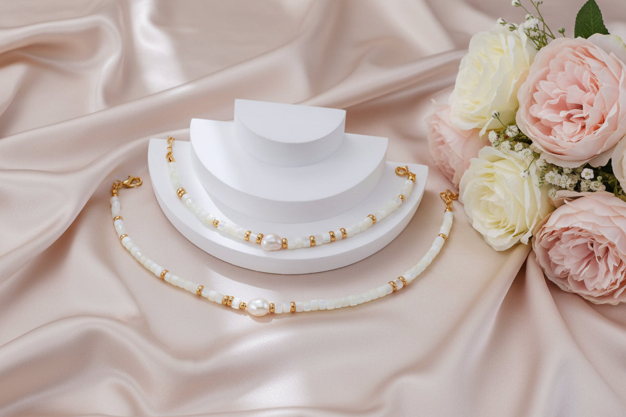 Vintage Gold Freshwater Pearl & White Shell Beaded Bracelet – S925 Sterling Silver Adjustable Bracelet