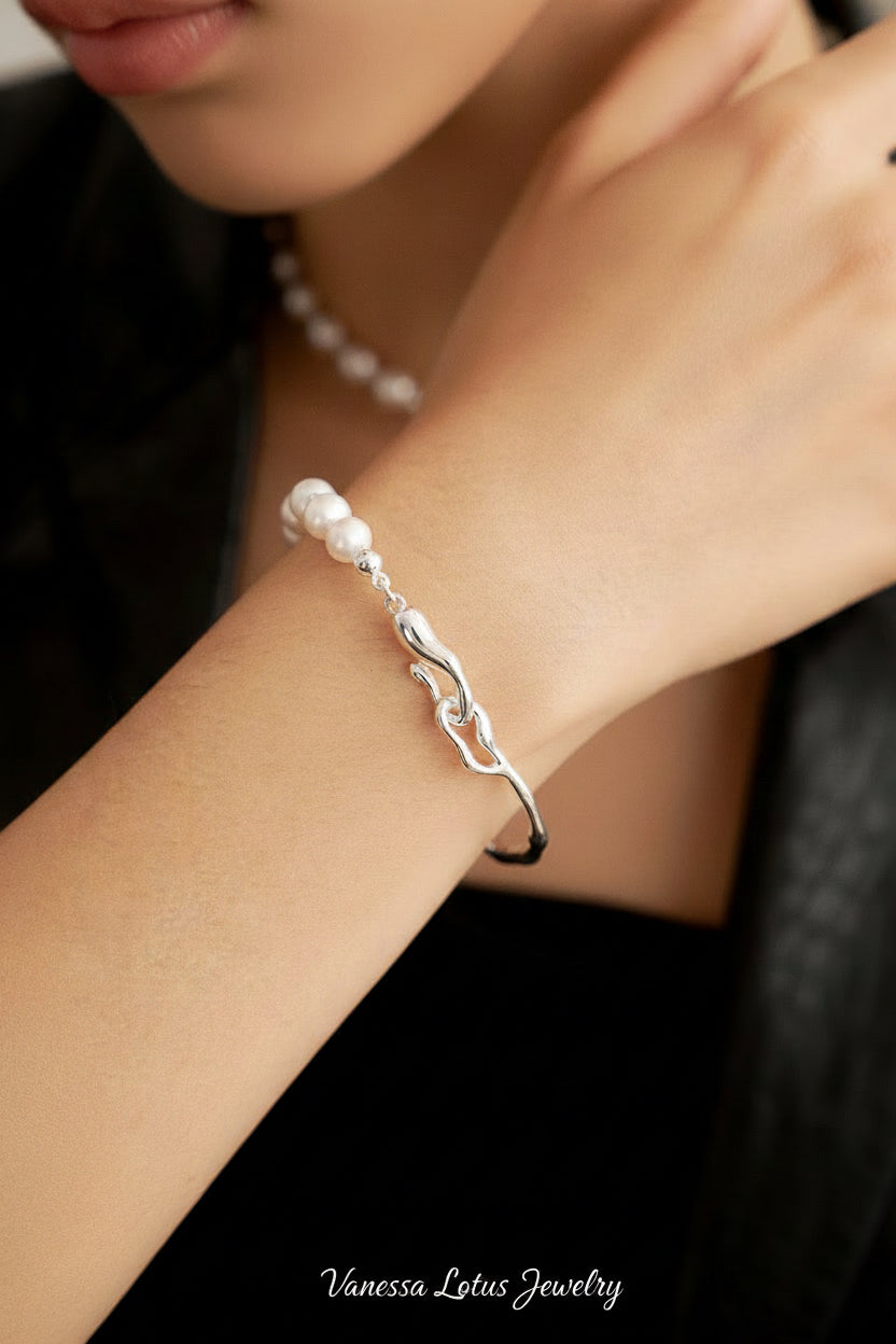S925 Sterling Silver Natural Freshwater Pearl Open Bangle Bracelet