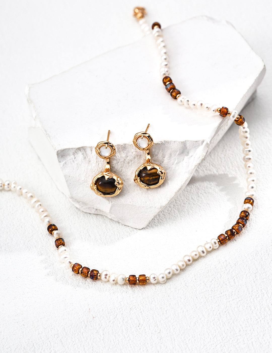 Vintage Gold Pearl & Glazed Glass Bead Jewelry Set – S925 Silver