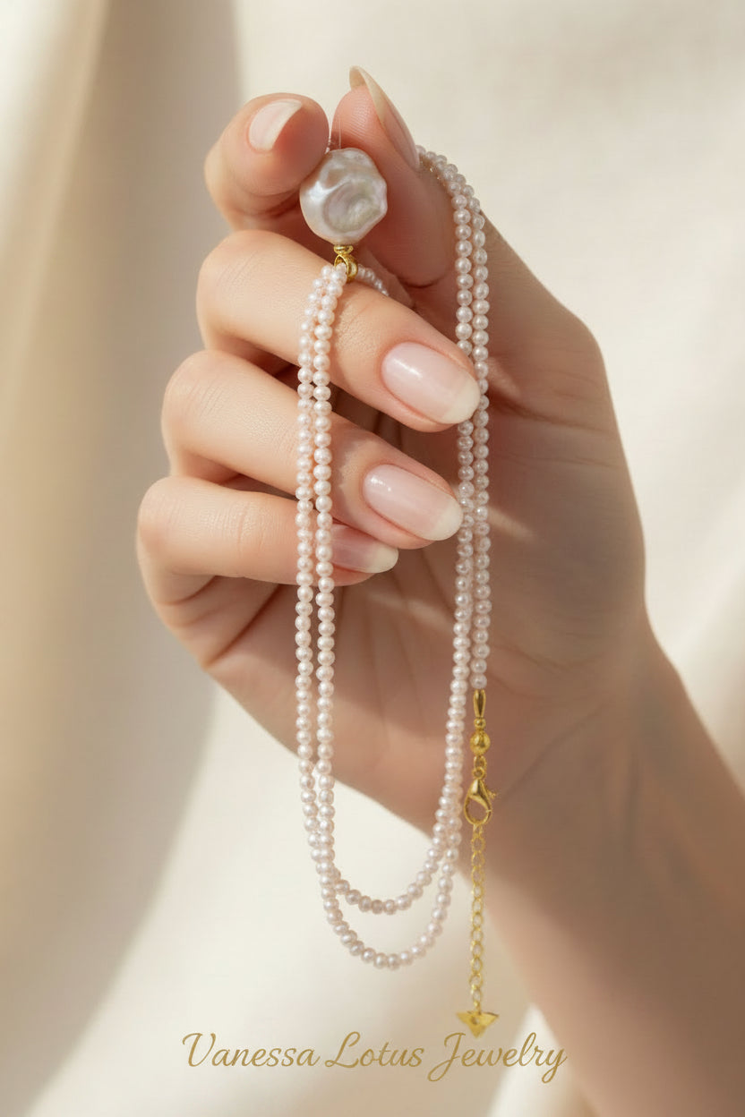 Pink Baby Pearl Necklace with Removable Baroque Pearl Pendant | Natural Freshwater Pearl Necklace