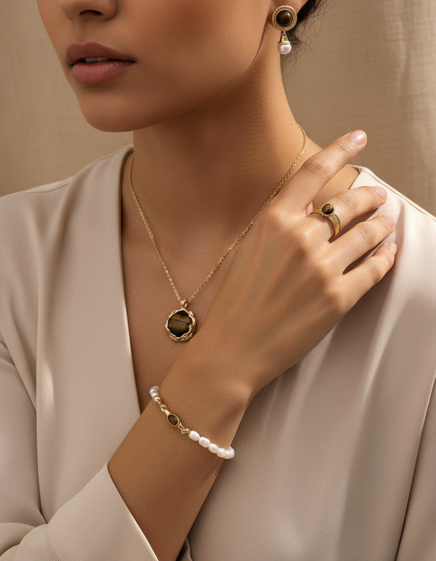 S925 Silver Tiger Eye & Pearl Earrings – Vintage Gold