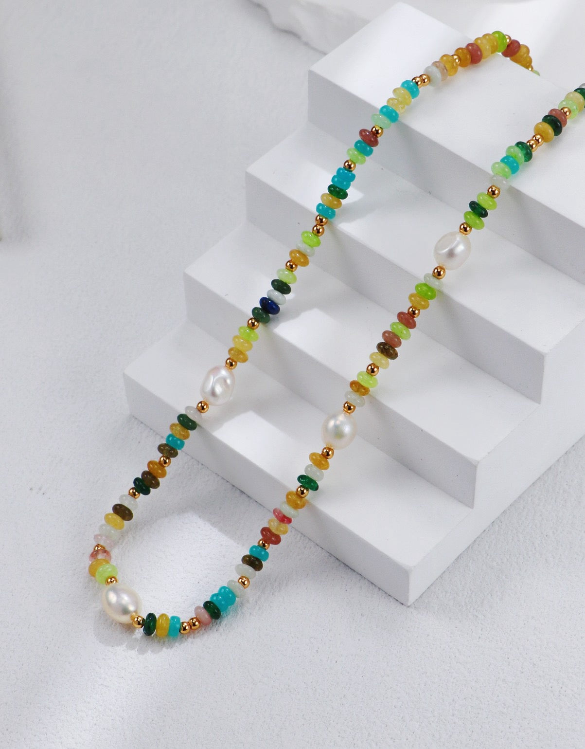Vintage Rainbow Gemstone & Pearl Necklace & Bracelet - S925 Silver Natural Pearl & Gemstone Jewelry