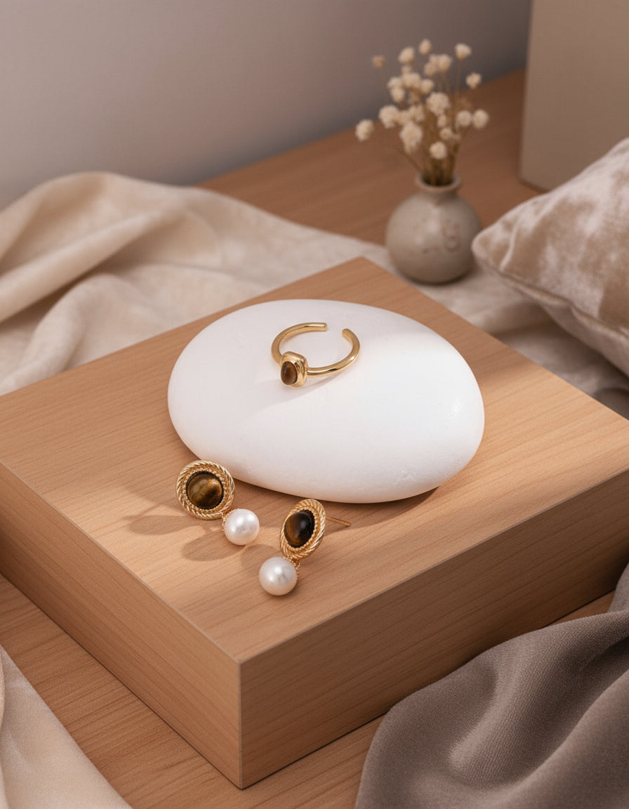 S925 Silver Tiger Eye & Pearl Earrings – Vintage Gold