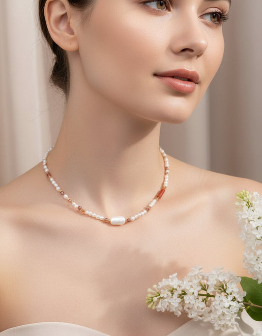 Strawberry Quartz & Pearl Beaded Necklace – S925 Silver