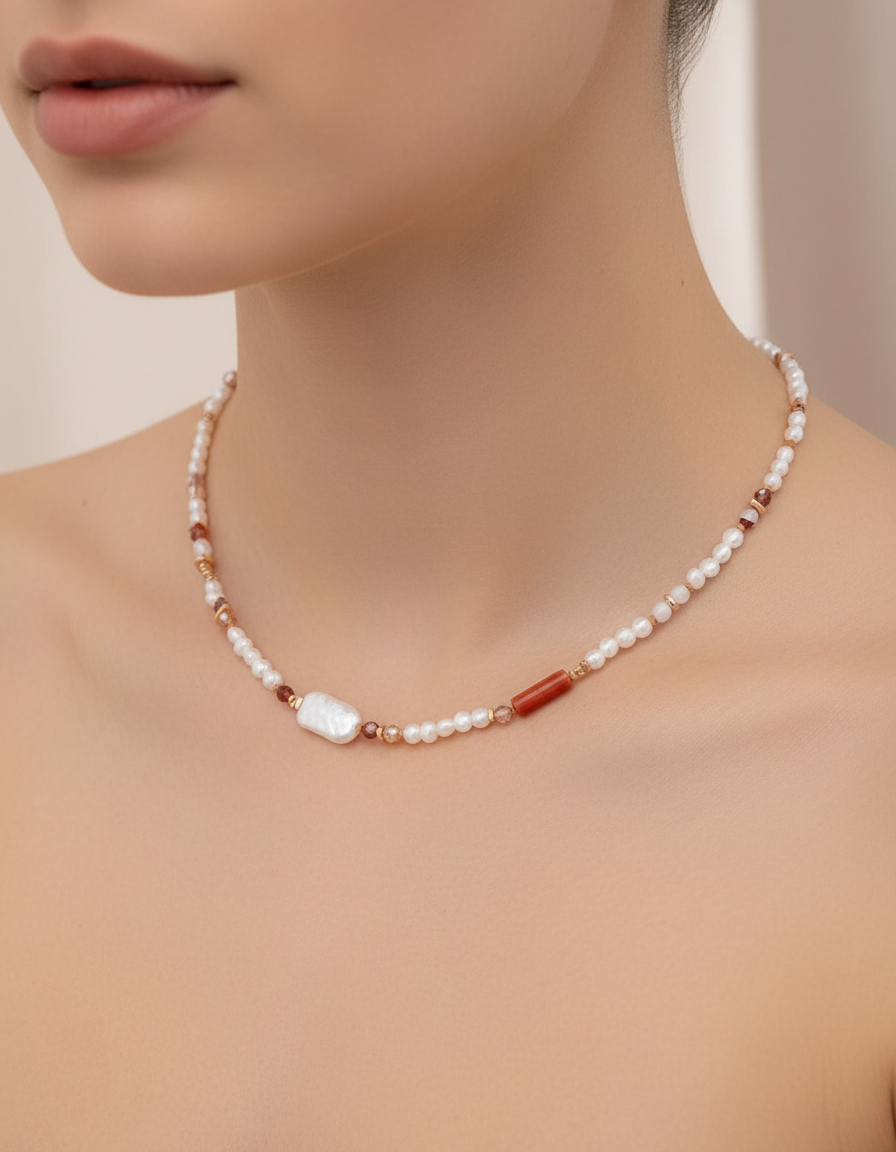 Strawberry Quartz & Pearl Beaded Necklace – S925 Silver