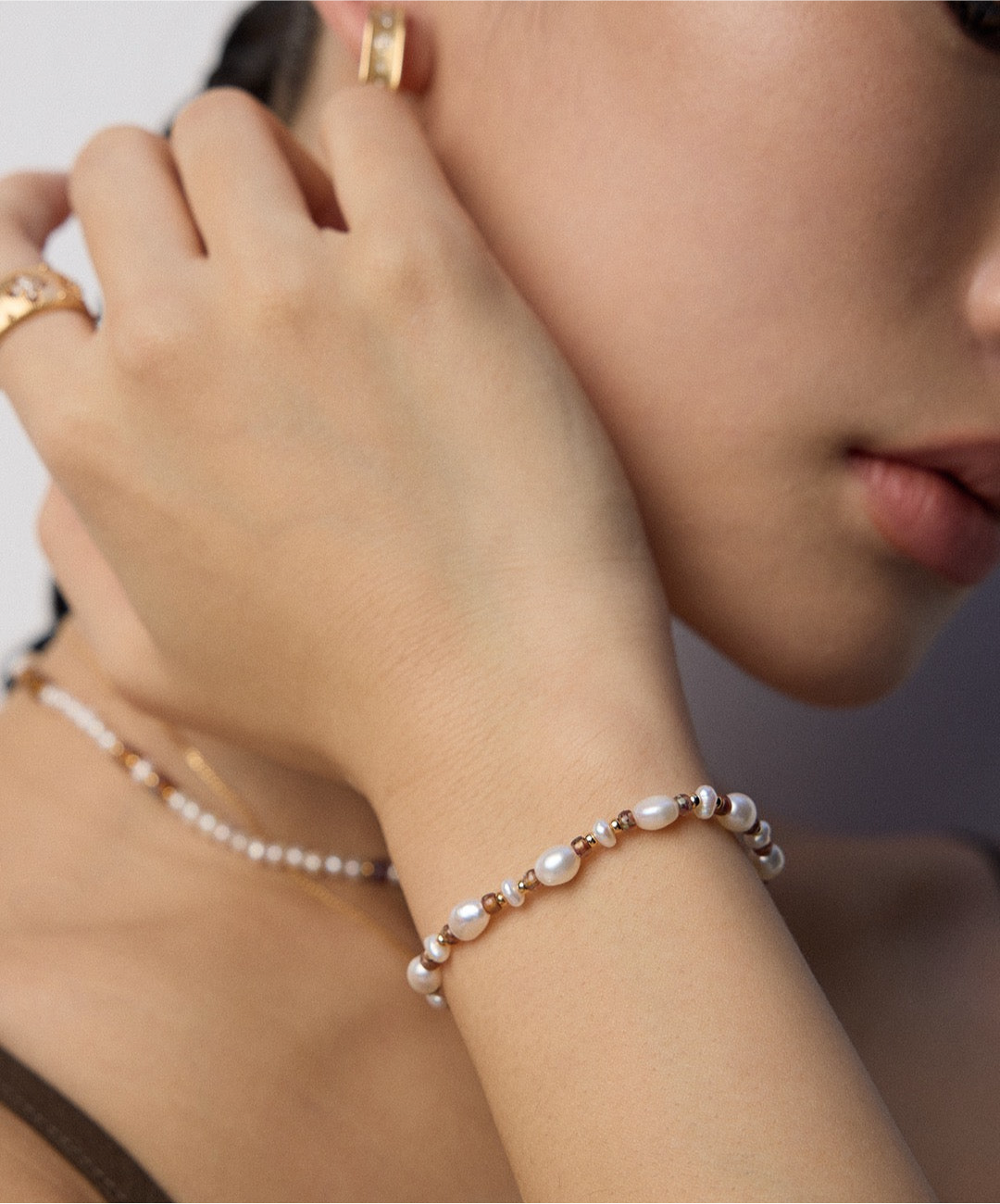 Vintage Gold Pearl & Glazed Glass Bead Jewelry Set – S925 Silver