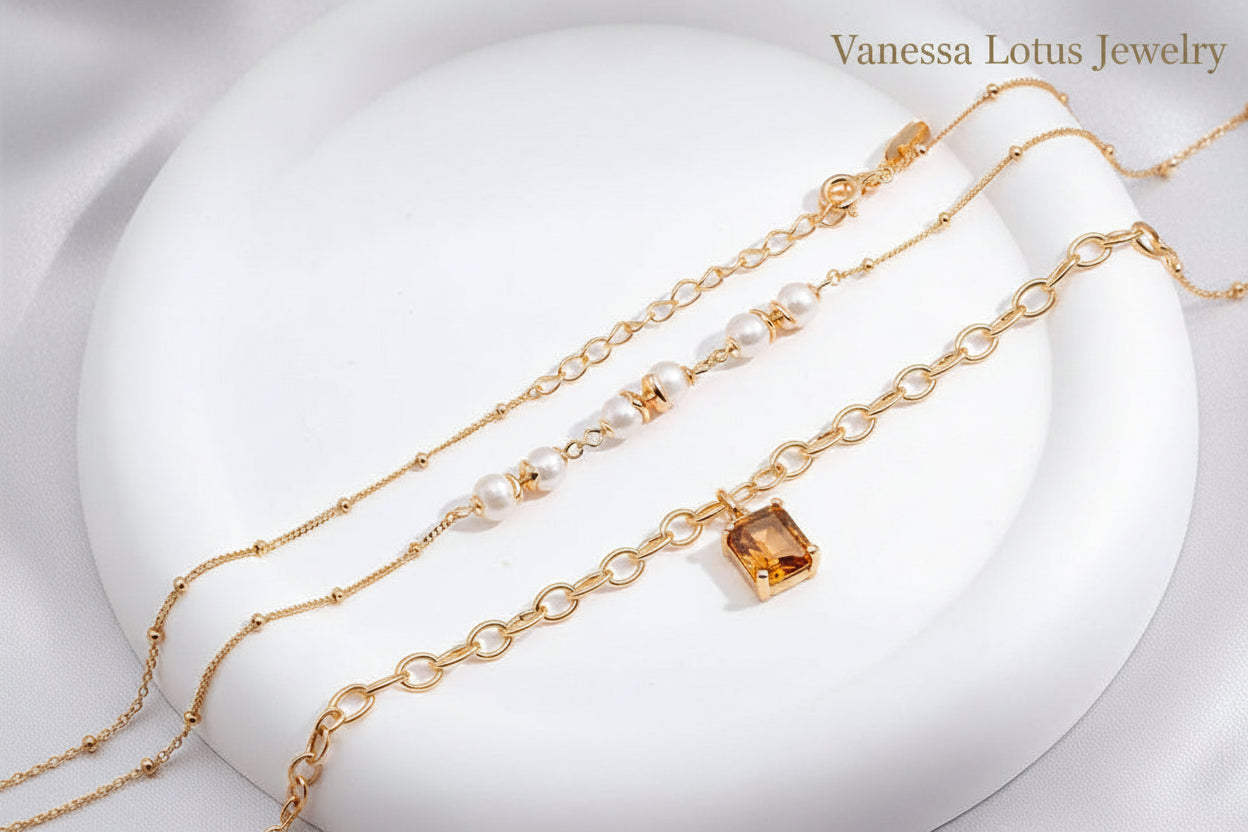 Vintage Gold Freshwater Pearl Station Necklace – 925 Sterling Silver Minimalist Pearl Choker Necklace