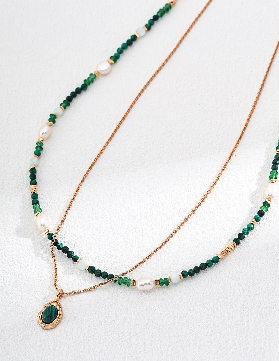 Vintage Gold Pearl and Malachite Beaded Necklace – 925 Sterling Silver