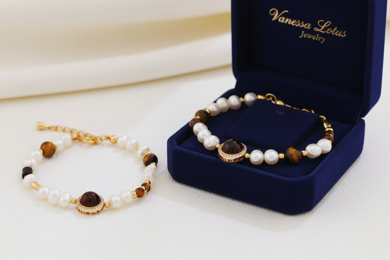 Vintage Pearl & Tiger Eye Bracelet – S925 Silver, Retro Gold Beaded Bracelet
