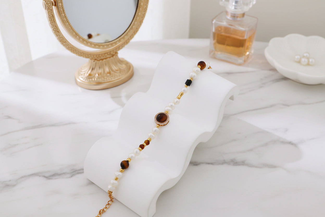 Vintage Pearl & Tiger Eye Bracelet – S925 Silver, Retro Gold Beaded Bracelet
