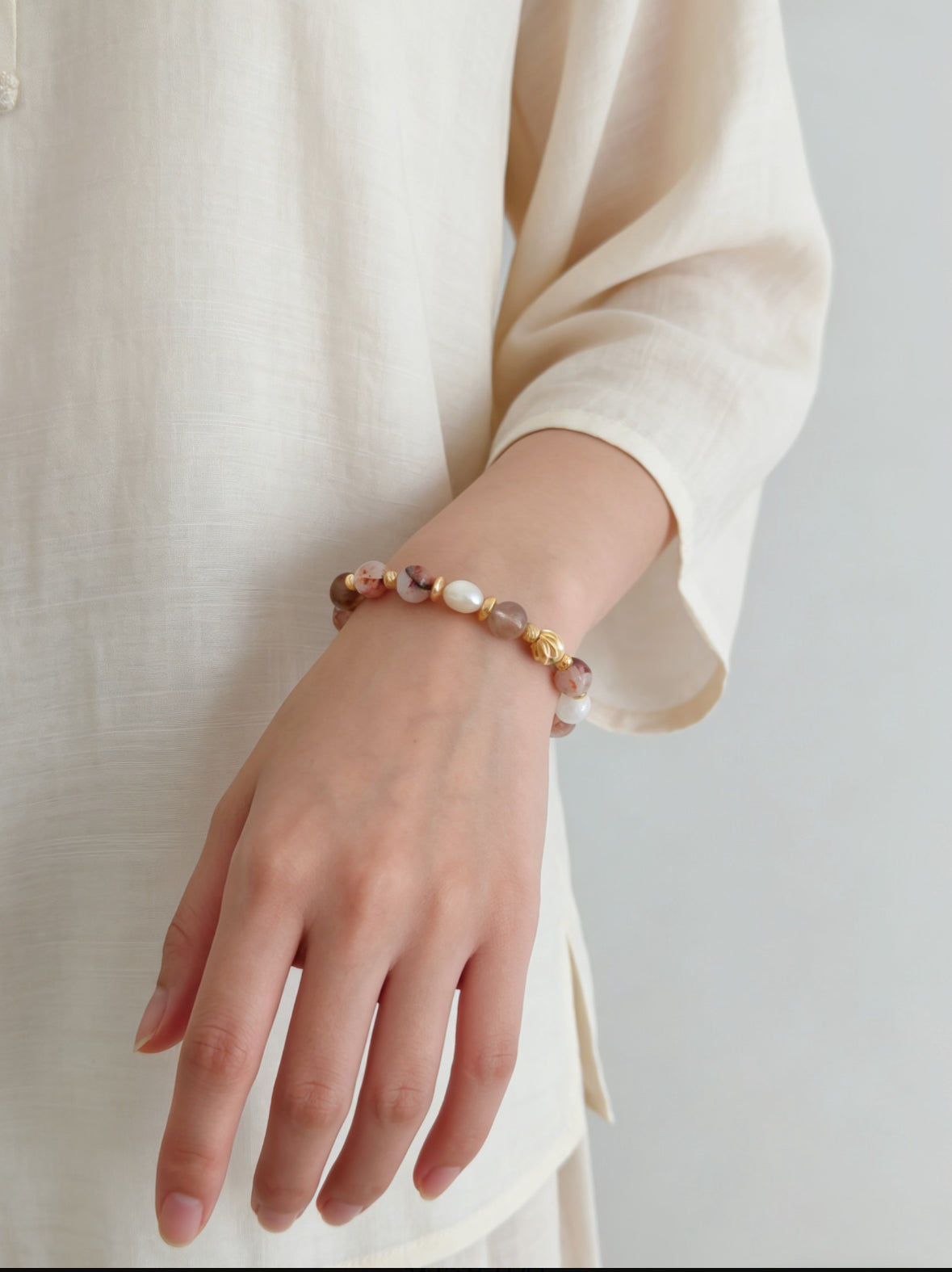 Red Hematoid Quartz (Fire Quartz) Pearl Beaded Bracelet – Vintage Gold S925 Sterling Silver Adjustable Gemstone Bracelet