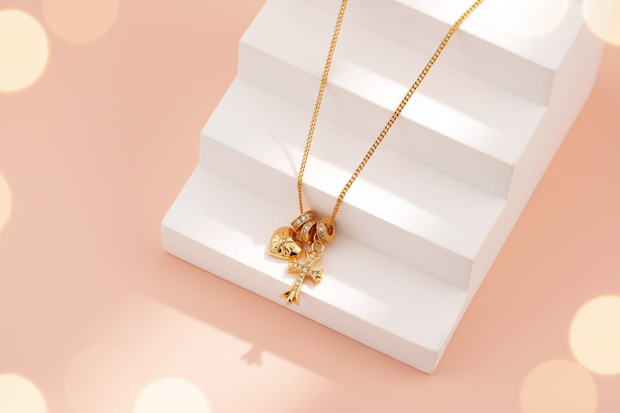 S925 Sterling Silver Cross & Heart Charm Necklace