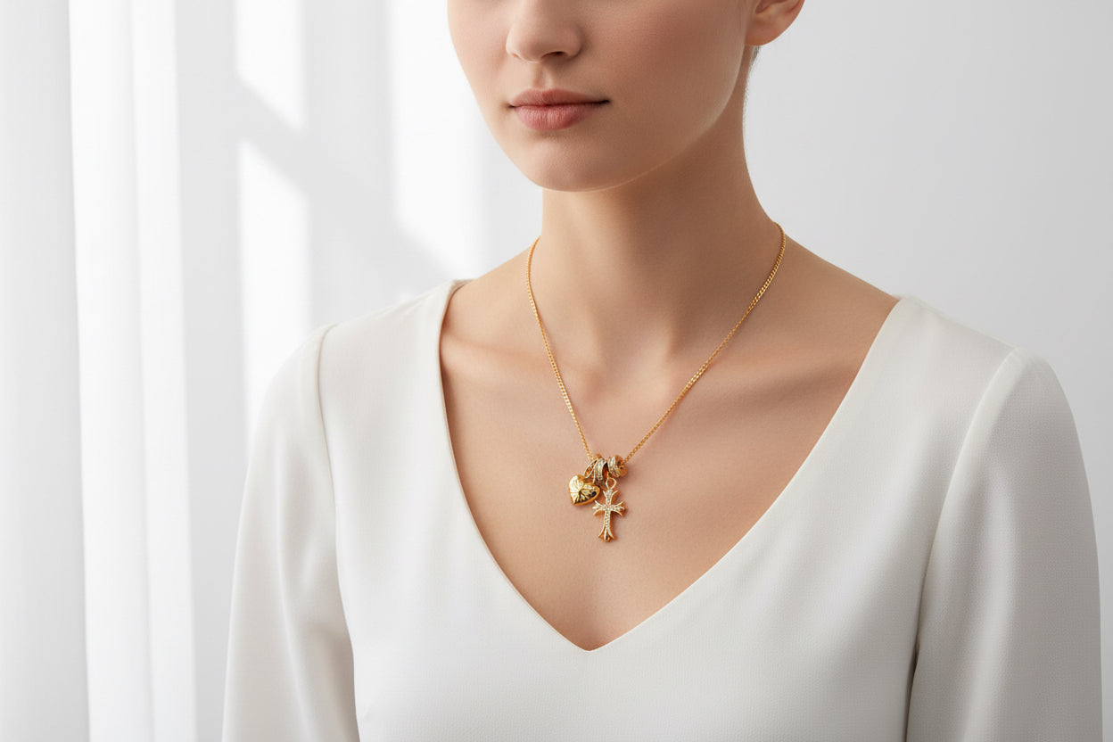 S925 Sterling Silver Cross & Heart Charm Necklace