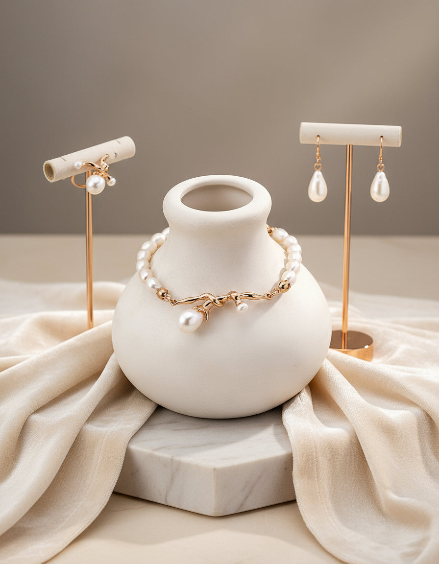 S925 Natural Pearl Necklace & Bracelet Set | Vintage Gold