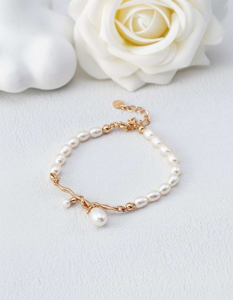 S925 Natural Pearl Necklace & Bracelet Set | Vintage Gold