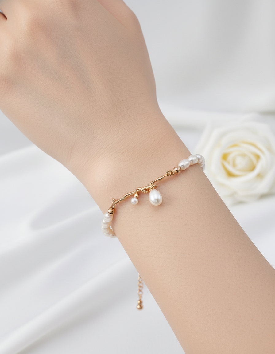 S925 Natural Pearl Necklace & Bracelet Set | Vintage Gold