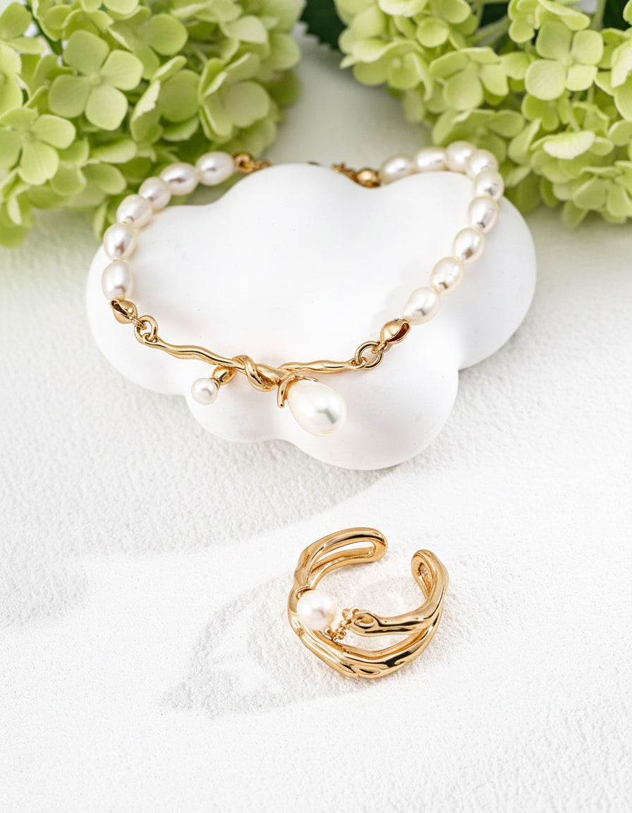 S925 Natural Pearl Necklace & Bracelet Set | Vintage Gold