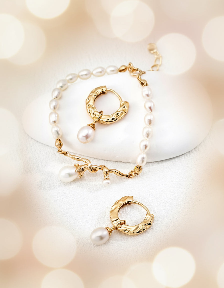 S925 Natural Pearl Necklace & Bracelet Set | Vintage Gold