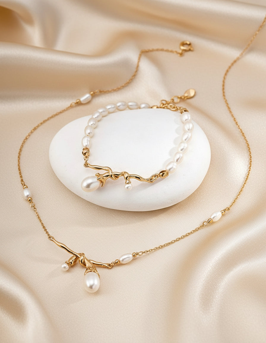 S925 Natural Pearl Necklace & Bracelet Set | Vintage Gold