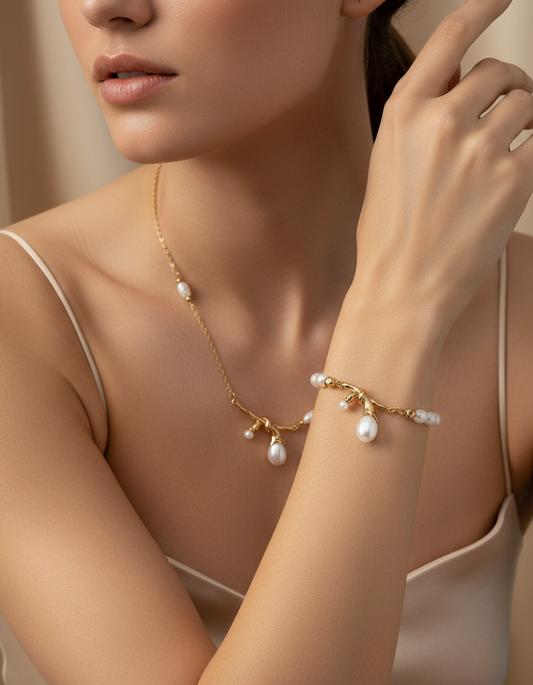 S925 Natural Pearl Necklace & Bracelet Set | Vintage Gold