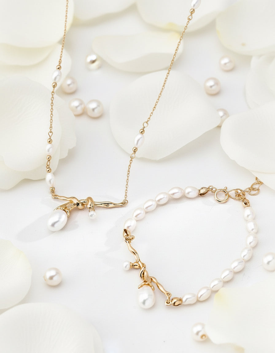 S925 Natural Pearl Necklace & Bracelet Set | Vintage Gold
