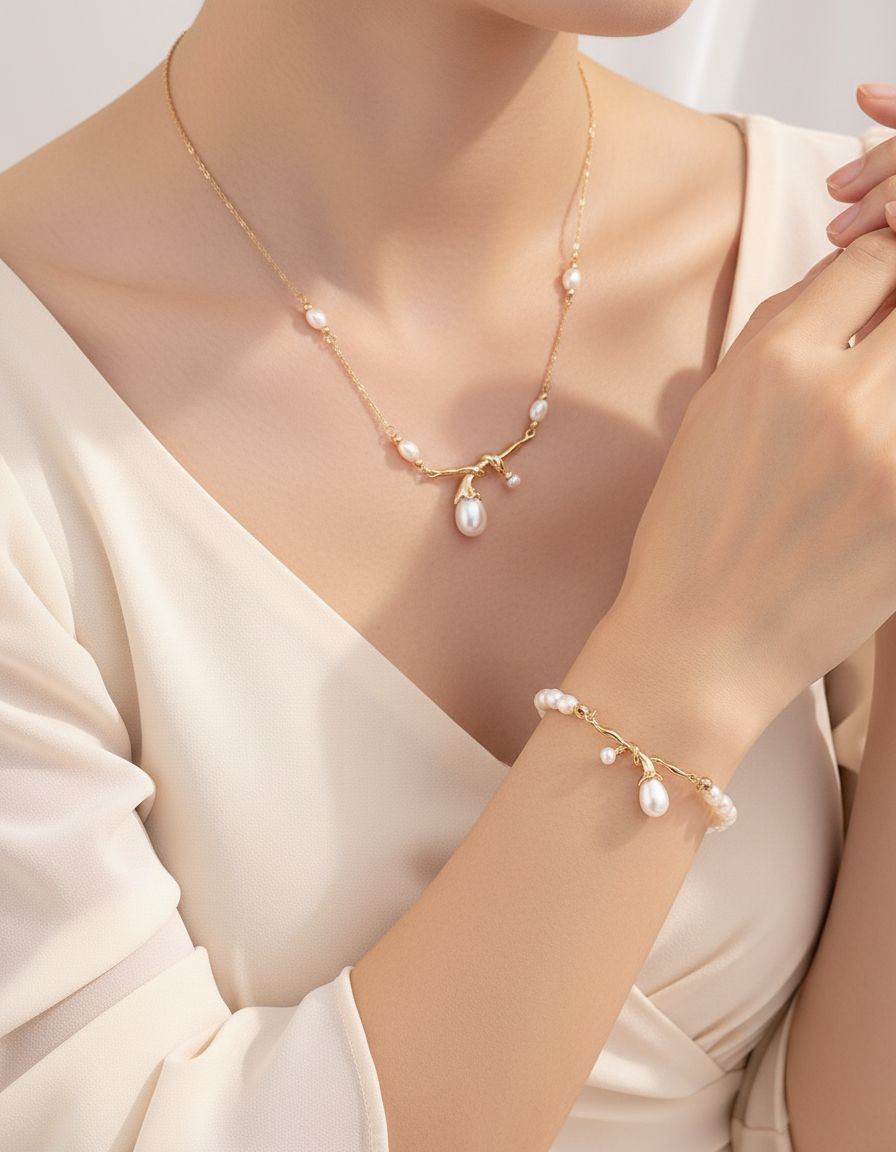 S925 Natural Pearl Necklace & Bracelet Set | Vintage Gold