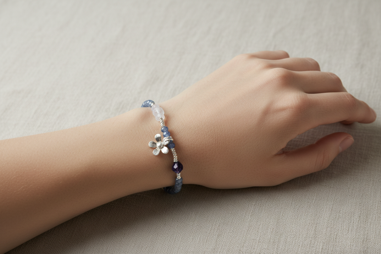 Handmade Gemstone Flower Charm Bracelet – Blue Crystal Moonstone Garnet / Andesine Green Amethyst Silver Bracelet