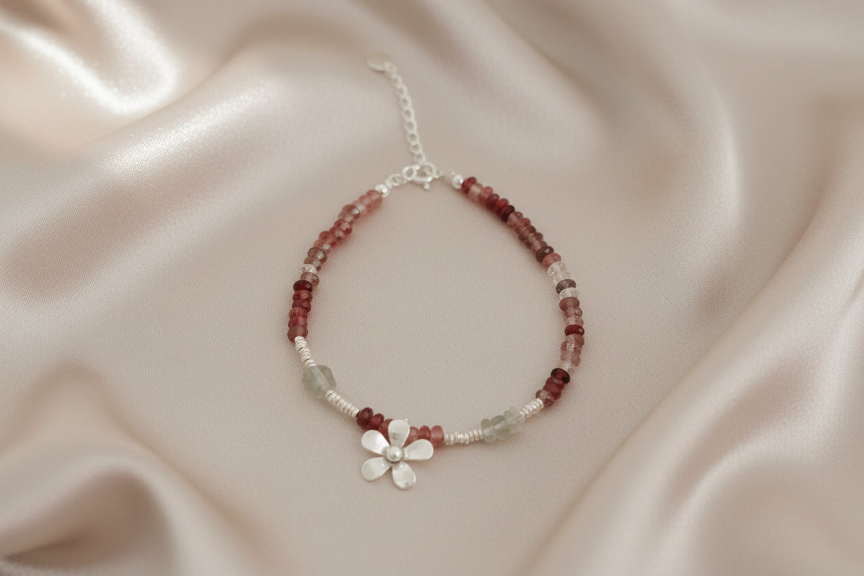 Handmade Gemstone Flower Charm Bracelet – Blue Crystal Moonstone Garnet / Andesine Green Amethyst Silver Bracelet